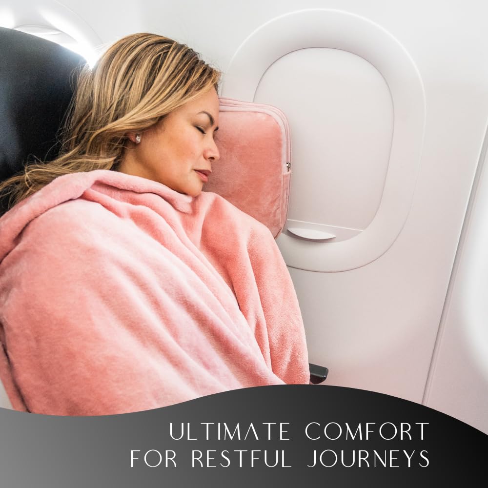 Travellow Travel Pillow and Blanket Set - 4-in-1 Ultimate Travel Kit with Memory Foam Pillow, Travel Blanket, Sleep Mask, and Earplugs-Ultimate Comfort and Coziness for Your Journeys - Pink