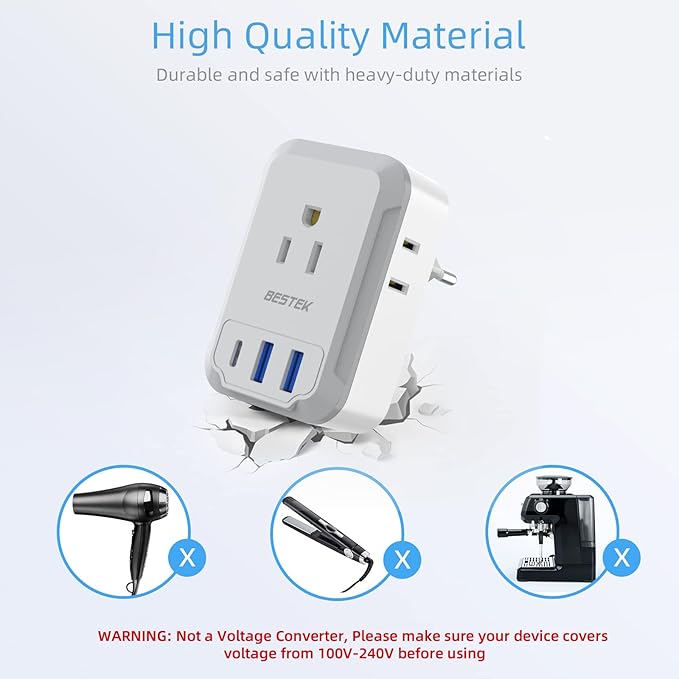 BESTEK 3 Pack European Travel Plug Adapter USB C - US to Europe Plug Adapter with 4 Outlets 3 USB Charger (1 PD 20W) Type C Plug Adapter Travel Essentials to Most Europe EU Spain Italy France Germany