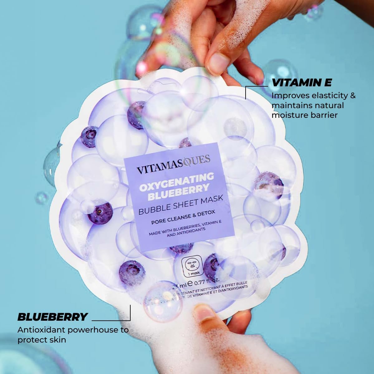 Vitamasques Blueberry Oxygenating Bubble Face Mask, Pore Cleanse and Detox, Deeply cleansing action, with bubbling fun (Pack of 3)