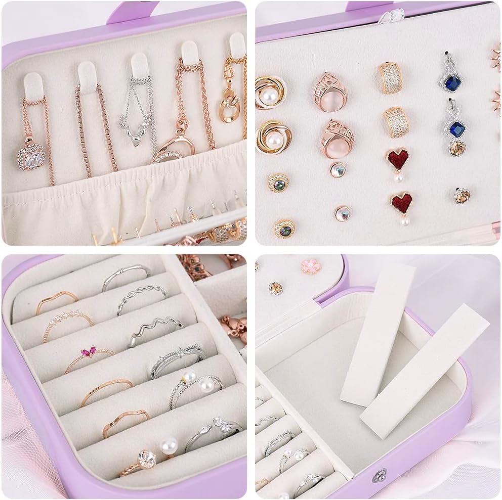 jiemei Jewelry Box, Travel Jewelry Organizer Cases with Doubel Layer for Women’s Necklace Earrings Rings and Travel Accessories (Purple)