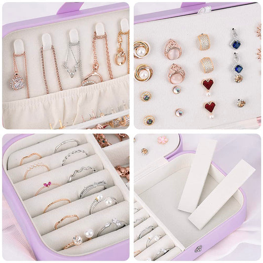 jiemei Jewelry Box, Travel Jewelry Organizer Cases with Doubel Layer for Women’s Necklace Earrings Rings and Travel Accessories (Purple)