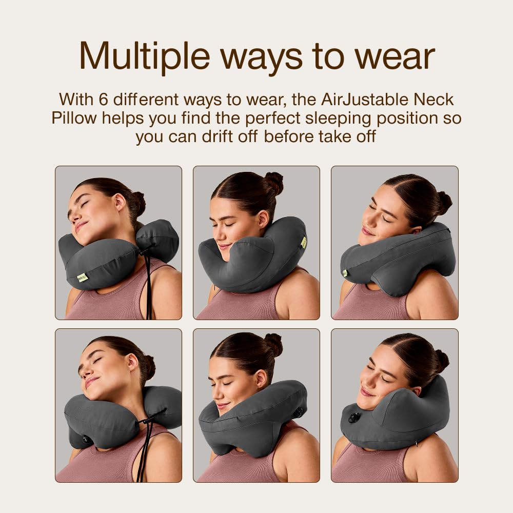 Coop Home Goods AirJustable Travel Neck Pillow, Inflatable, Adjustable Support for Neck & Chin, Compact Travel Pillow, Soft Memory Foam Comfort, Airplane Travel Essentials, Cooling & Washable Cover