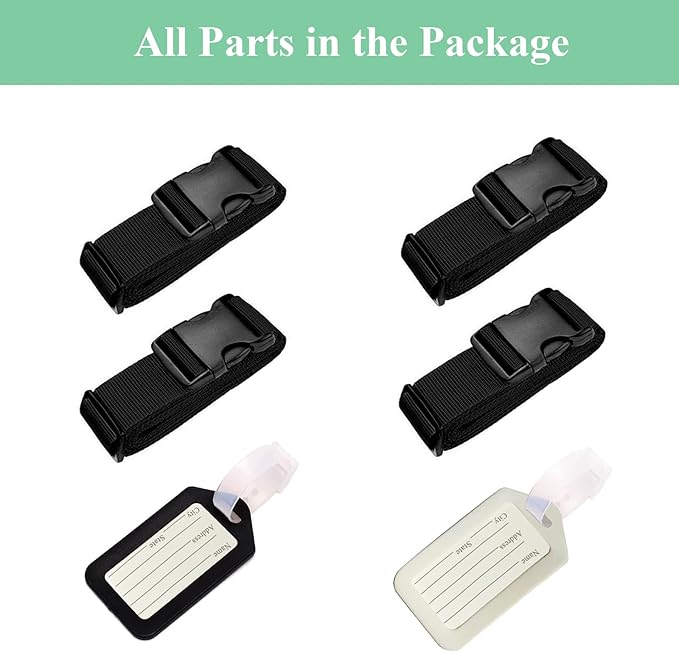 4PCS Luggage Straps for Suitcases & 2PCS Tags Set for Easy Identification,Travel Accessories for Safety,Luggage Strap for Travel Suitcase & Bag Closure,Black