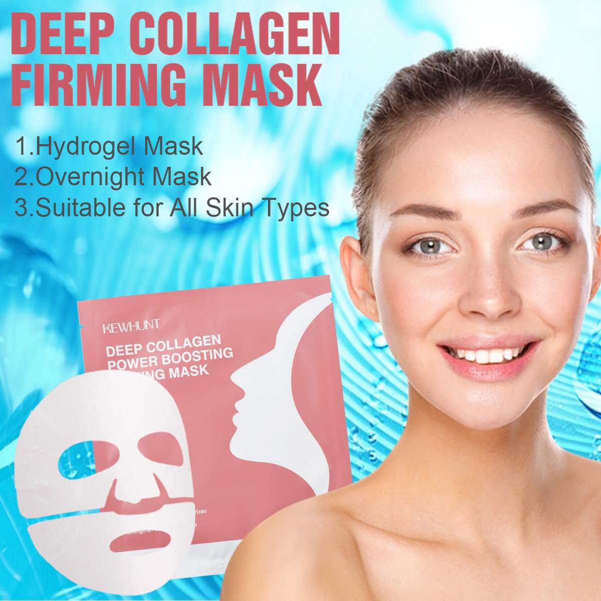 Kewhunt Deep Collagen Face Mask Overnight, Bio- Collagen Mask Real Deep Mask, Hydrating Hydrogel Masks with Low Molecular Collagen for Firming, Elasticity, Pore Minimizing 40g x 5ea