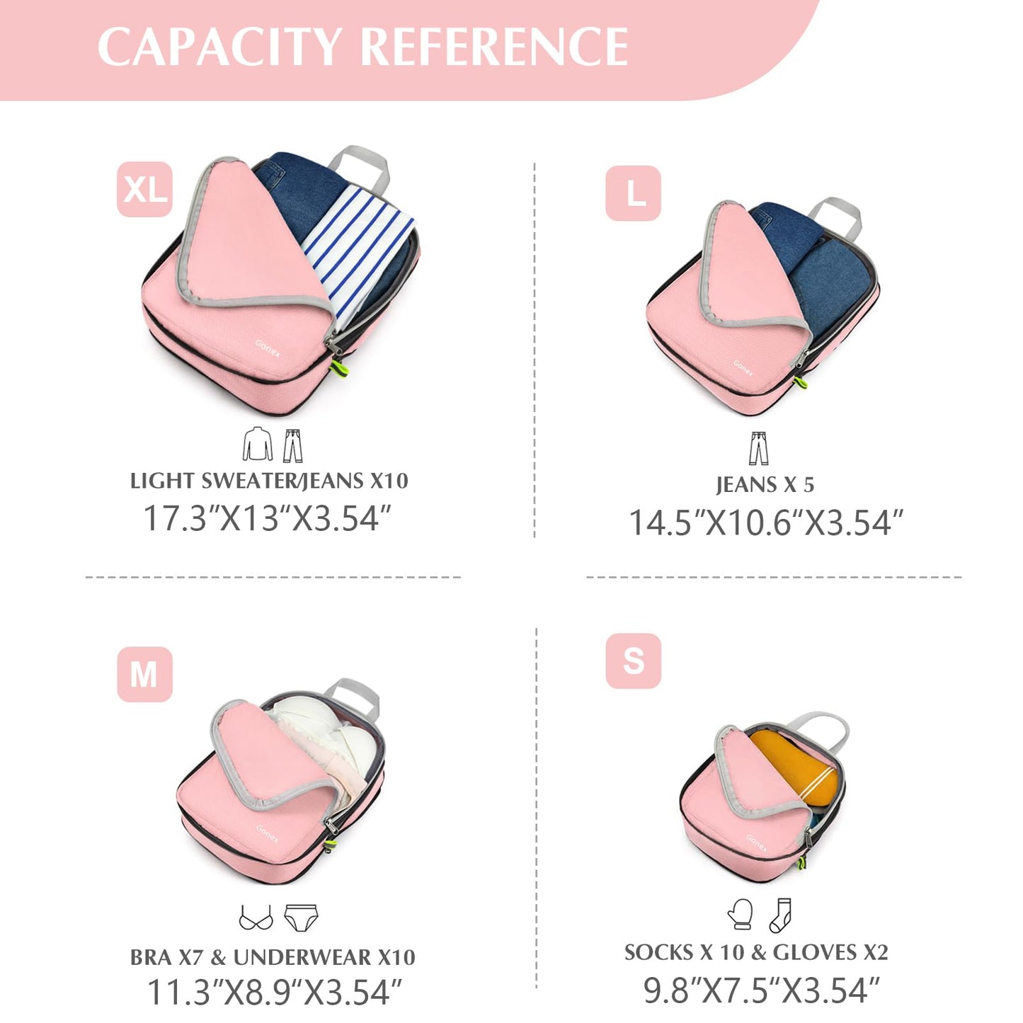 Gonex Compression Packing Cubes, 4pcs Expandable Storage Travel Luggage Bags Organizers (Pink)