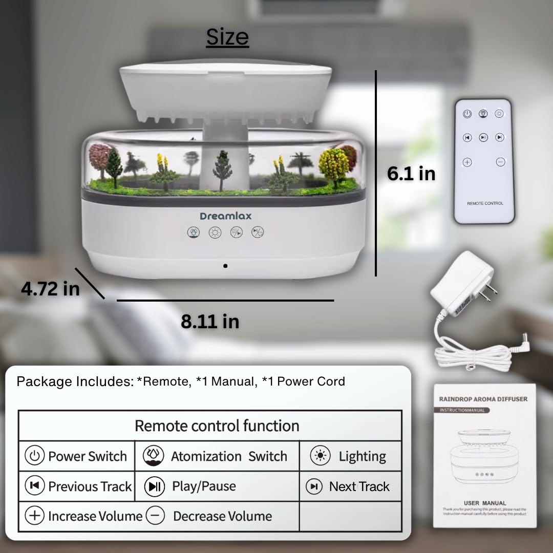 Dreamlax Rain Humidifiers for Bedroom – Cool Mist Essential Oil Diffuser, White Noise Machine with 10 Nature Sounds, 7 LED Lights, Remote Control & Decorative Raindrop Lamp