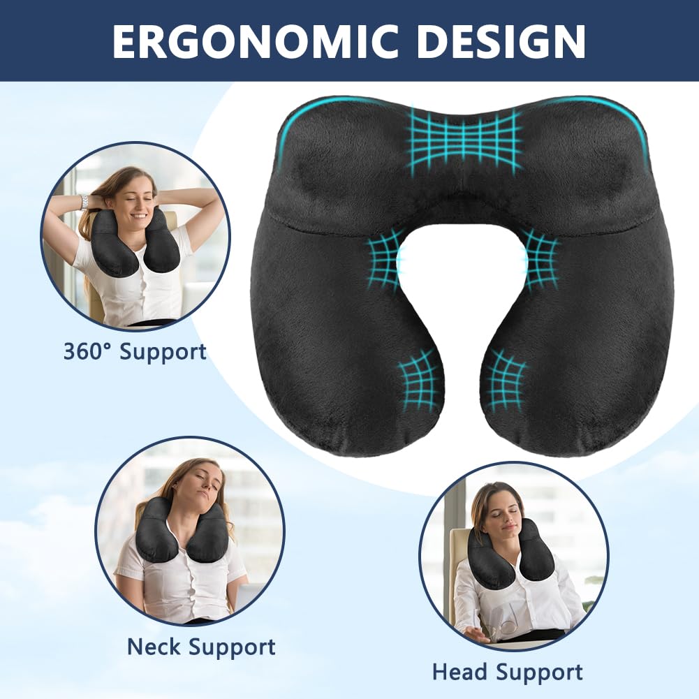 flintronic Inflatable Travel Pillow, Inflatable Travel Pillow for Airplane, Soft Velvet Neck Support, Lightweight Ergonomic Sleeping Neck Pillow for Airplane, Train, Car, Office (Black)