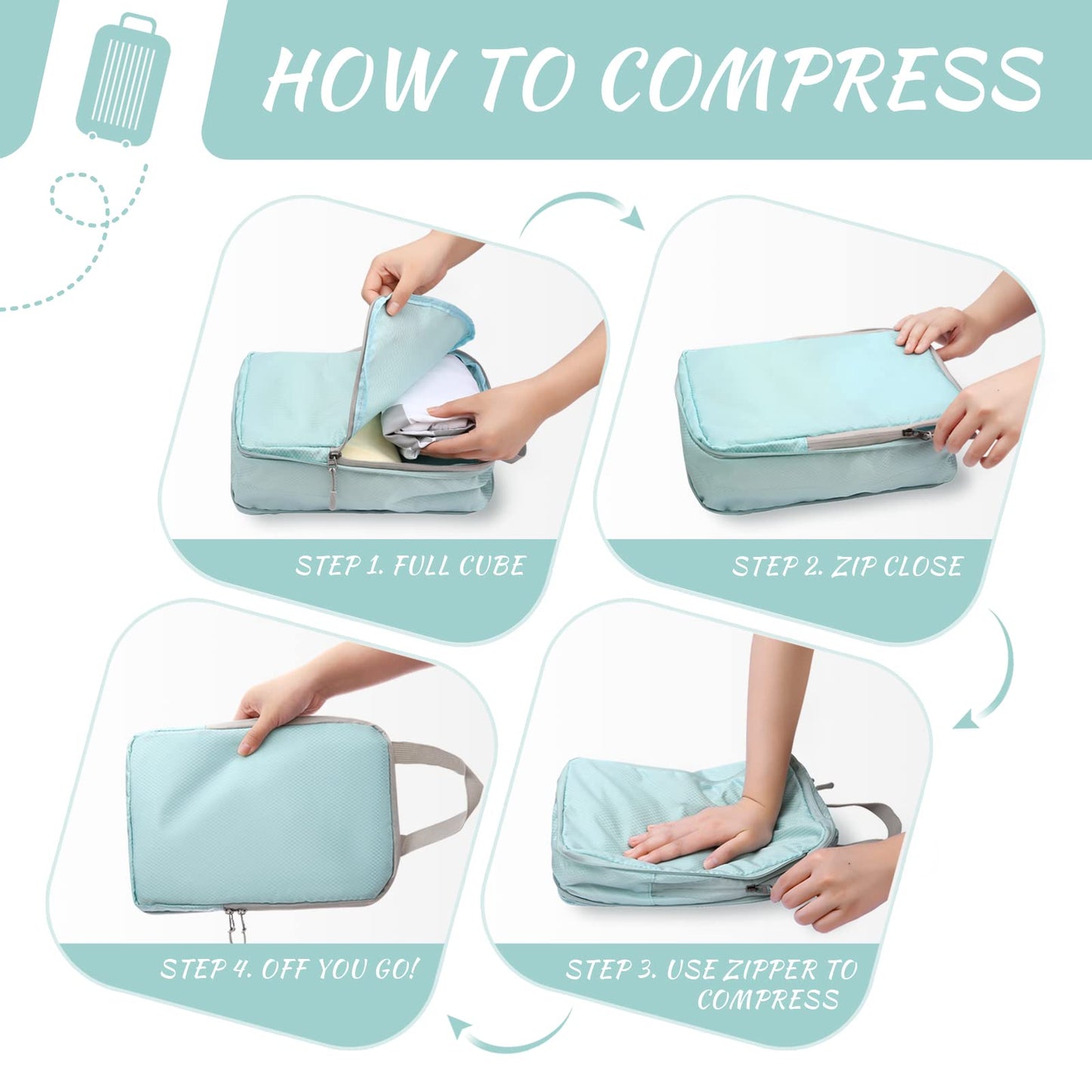 WOOMADA Compression Packing Cubes for Suitcases Travel Essentials 4 Set Expandable Travel Bags Organizer for Luggage(turquoise)