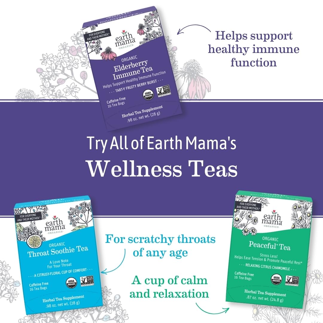 Earth Mama Organic Peaceful™ Tea | Stress Less! Calming, Relaxing Herbal Blend Safe for Pregnancy & Beyond, 16 Teabags Per Box