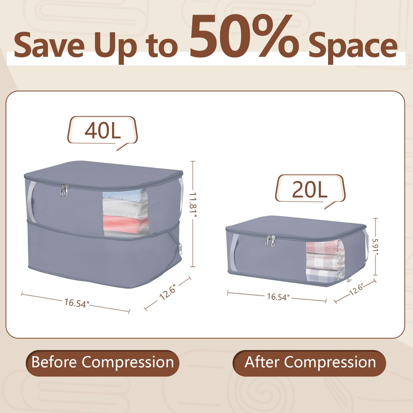 Compression Storage Bags for Clothes, Foldable Reusable Organizers for Down Coats, Comforters, Beddings, Blankets, Self Compression Packing Cubes Space Saver Bags with Dual Zippers, 2 Pack, 40 L, Gray