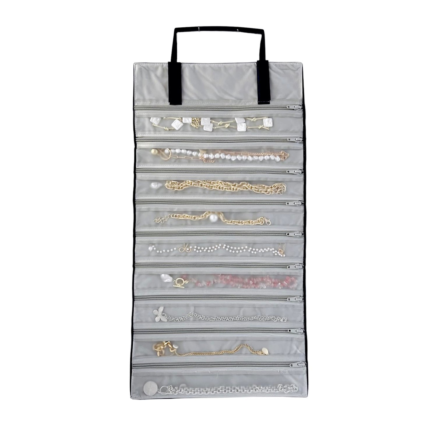 UnionPlus Velvet Travel Jewelry Case Roll Bag Organizer for Necklace, 9 Zipped Grids, Black and Grey