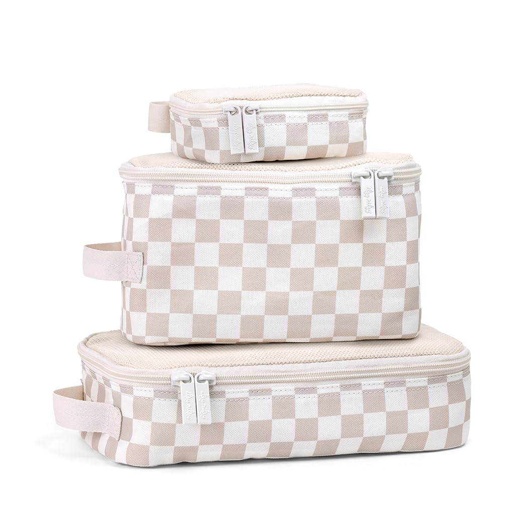 Itzy Ritzy Packing Cubes for Travel – Set of 3 Packing Cubes or Travel Organizers; Each Cube Features a Mesh Top, Double Zippers and a Fabric Handle (Checkerboard)