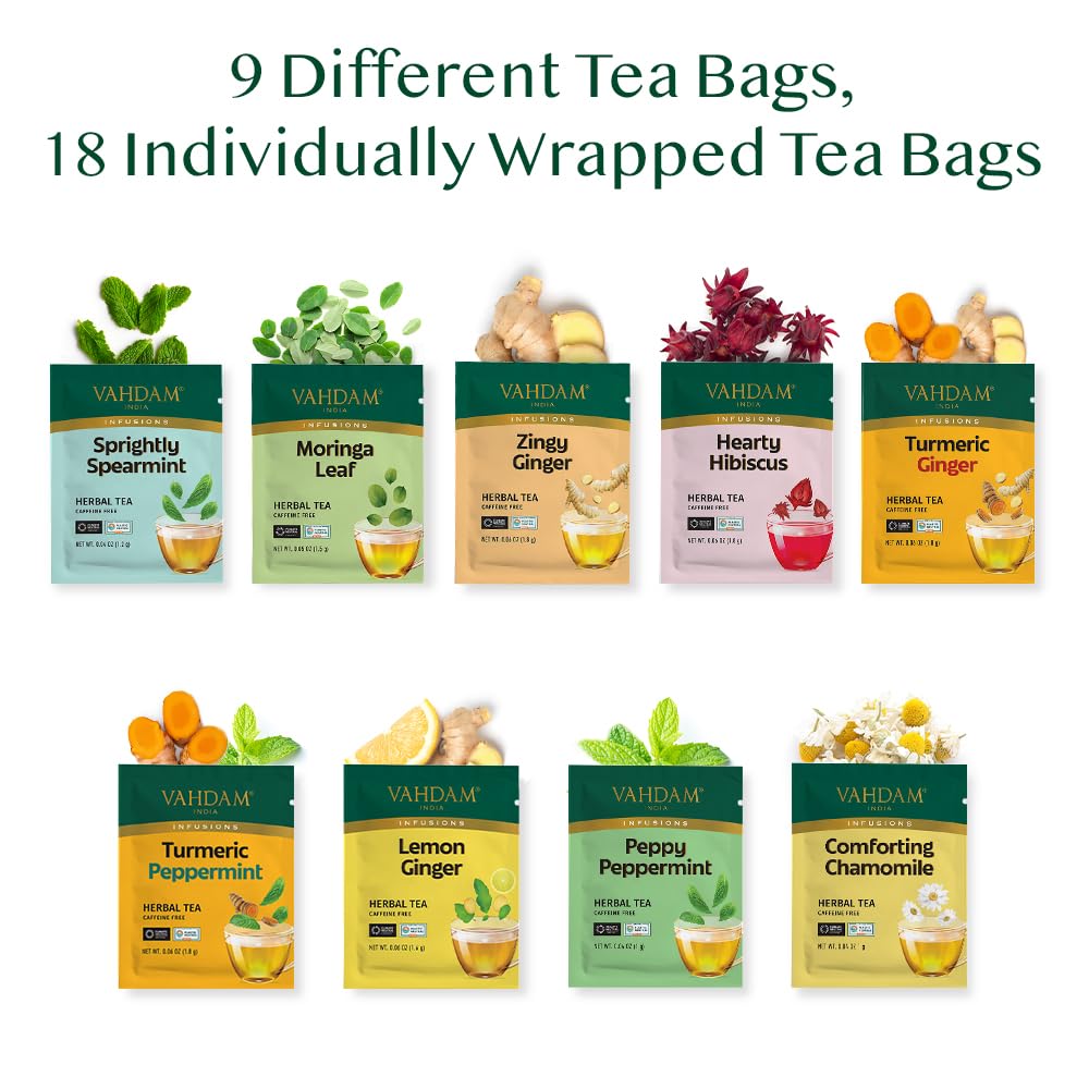 VAHDAM, Assorted Herbal Tea Sampler (18 Tea Bags, 9 Flavors) Caffeine-Free, Non-GMO | Double Infusion, Individually Enveloped Tea Bags | Herbal Tea Assortment