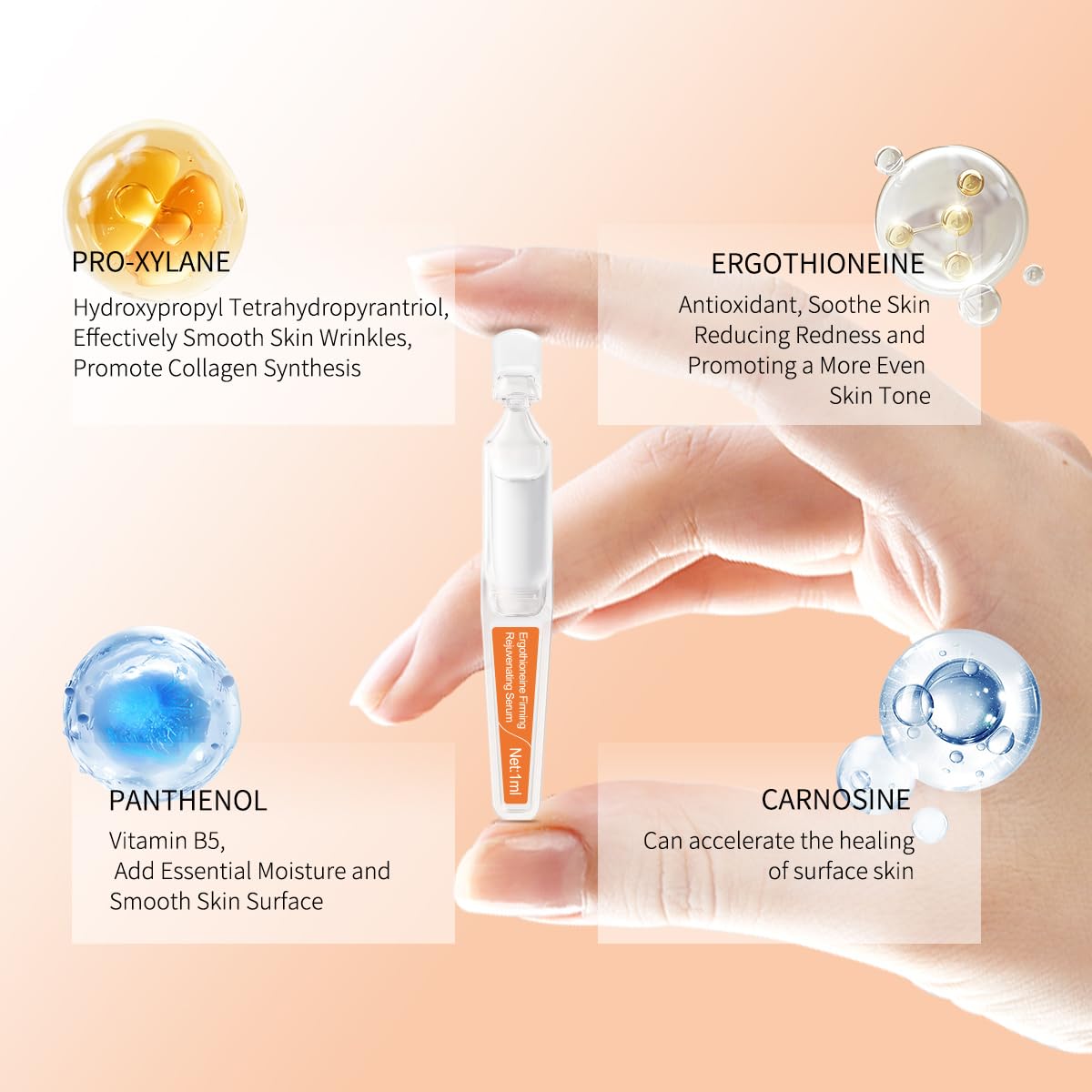 Ergothioneine Firming Rejuvenating Ampoules Serum - Hydrating and Repairing Formula with Pro-Xylane, Centella Asiatica Extract, and Vitamin B5 for Various Skin Types, 15 Pcs/Box