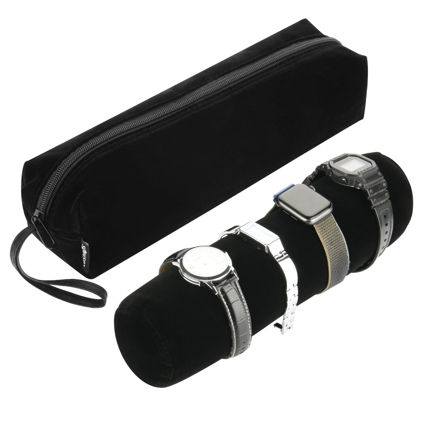 Cosmos Velvet Watch Roll Pouch Organizer Travel Storage Bag Watch Travel Carry Case Bag Water Pouch Organizer with Removable Roll Insert Velvet Holder, Black Color