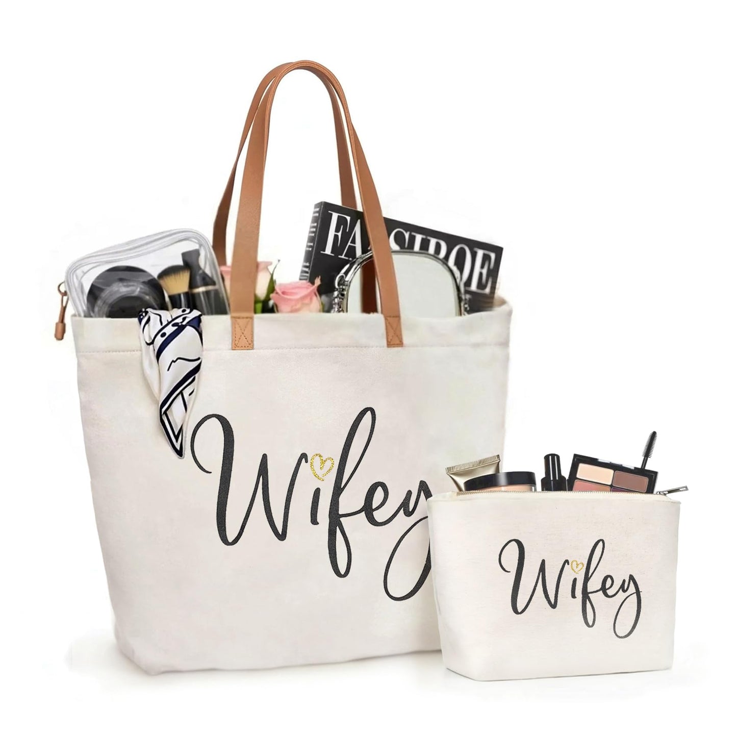 ELEGANTPARK Wifey Bag Wifey Gifts Wedding Gifts for Bride Bridal Shower Bachelorette Party Honeymoon Large Travel Shoulder Bag Canvas Totes with Zipper Set of 2