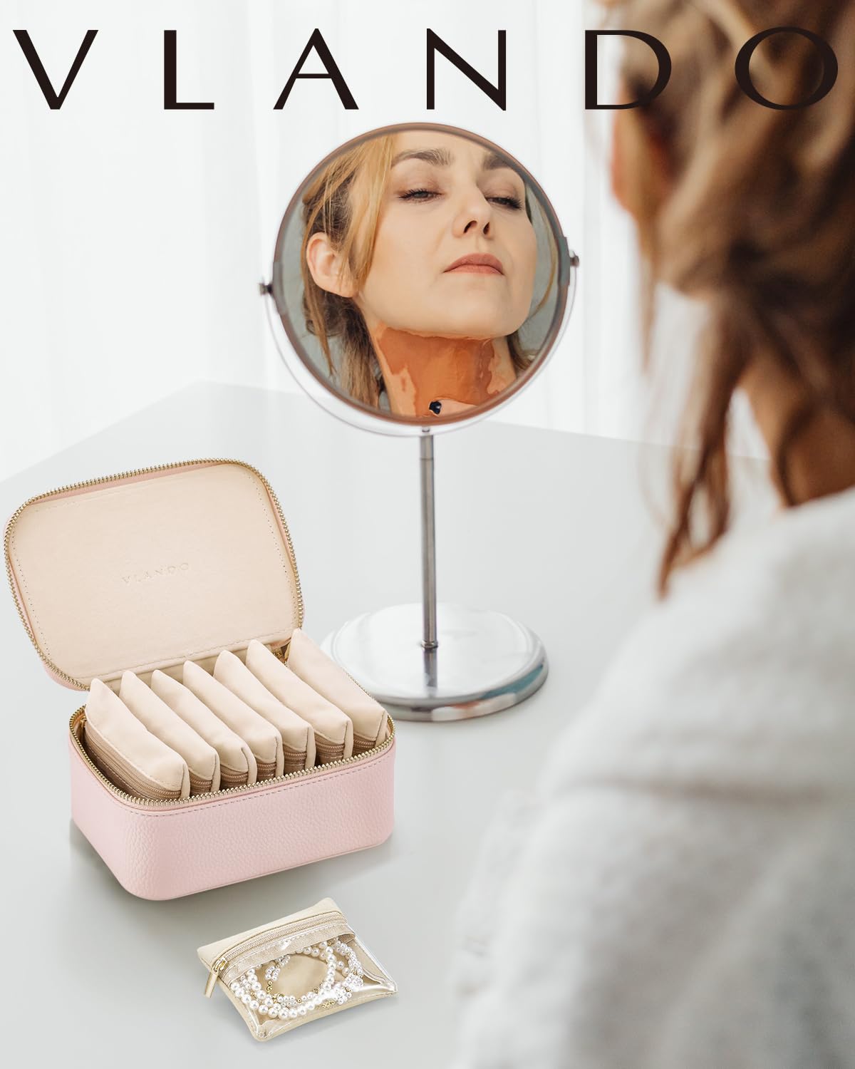 Vlando Travel Jewelry Organizer,Jewelry Box for Girls Women,Jewelry Case for 8 Pcs Velvet Jewelry Bags Storage for Necklace Rings Girls Women Valentines Gift Birthday Gifts-Pink