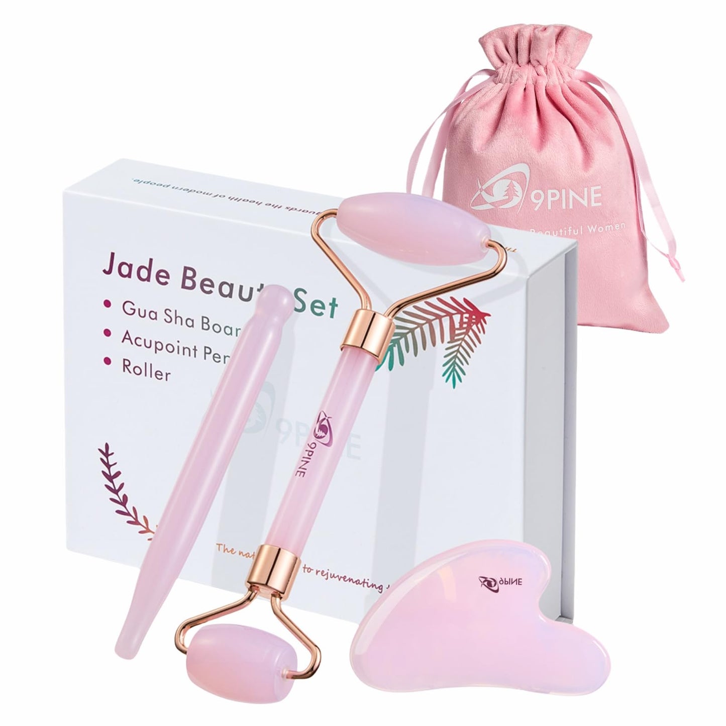 9 9PINE Jade Roller and Gua Sha Set, Face Massage Tools for Skincare,Facial Tools for Face, Neck, Eyes, for Enhanced Lymphatic Drainage, Self Care Gift for Men Women(Pink)