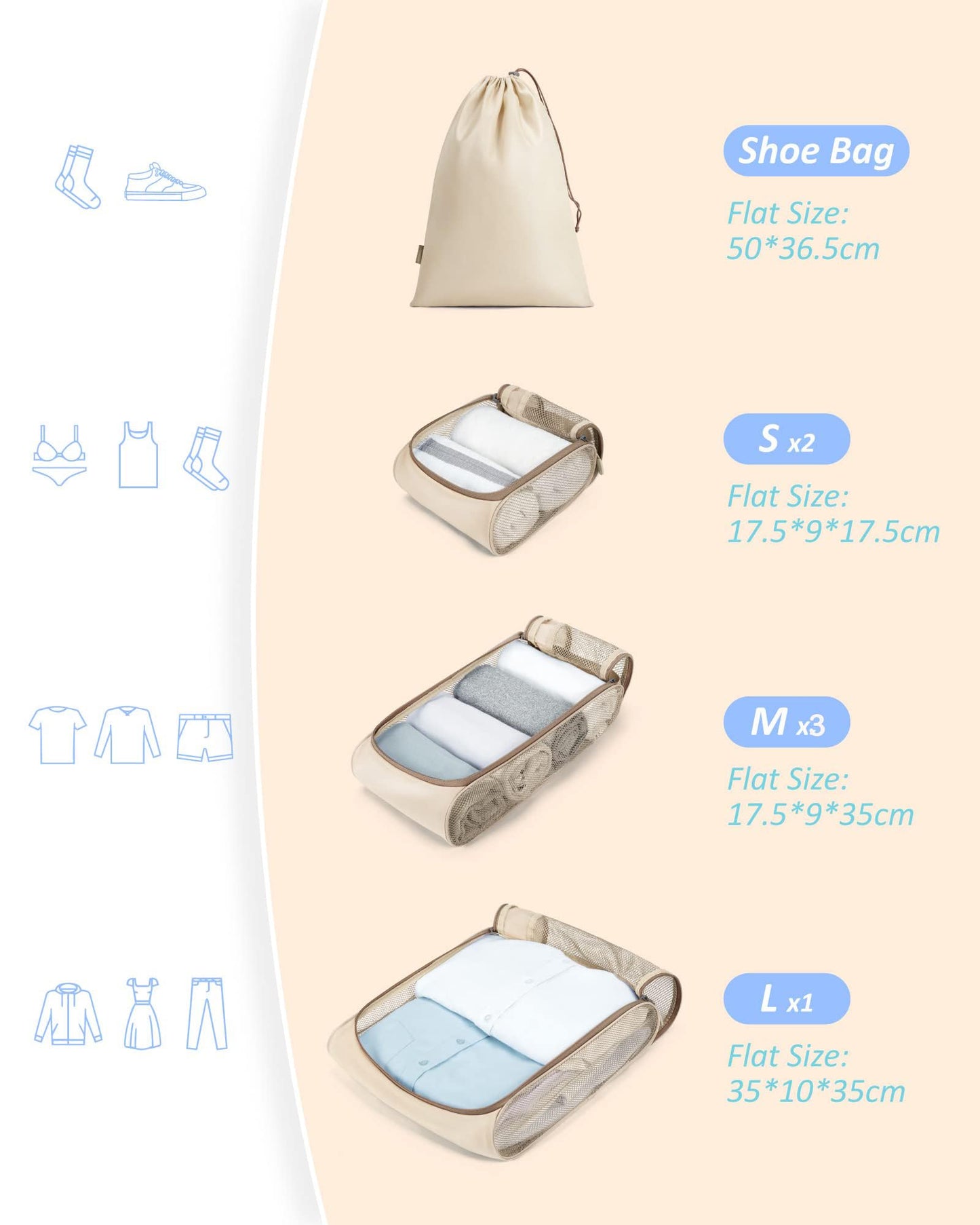 BAGSMART 7 Set Packing Cubes for Travel Essentials, Lightweight Luggage Suitcase Organizer Bags with Shoe Bag, Keep Shape Packing Cubes