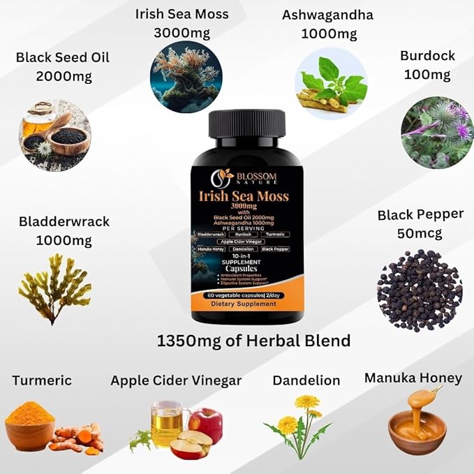 10-in-1 Irish Sea Moss Veggie Caps 3000mg Black Seed Oil Ashwagandha Bladderwrack Burdock Turmeric Apple Cider Vinegar Manuka Honey Dandelion Black Pepper - Made in US(Veggie Caps, Unflavored)