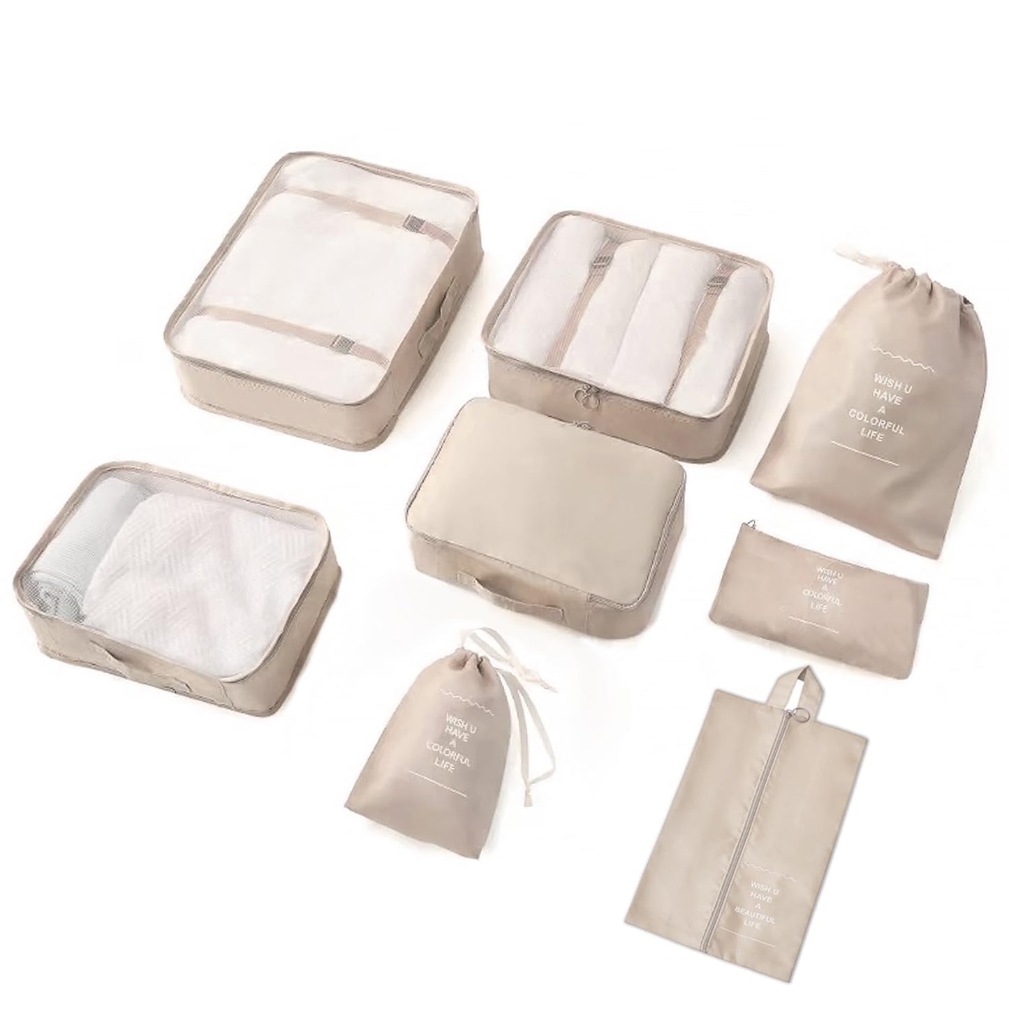 8 Pieces Mesh Packing Cubes for Travel, Luggage Packing Organizers Bags Set, Travel Essentials Suitcases Accessories with Laundry Bag, Storage Shoe Bag, Clothing Underwear Bag (Cream, 8 set)