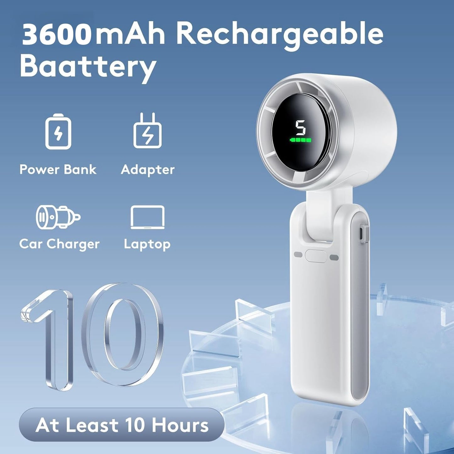 Huinechno Handheld Fan, Rechargeable Personal Fan, High-Power Motor, LED Display, Small Pocket Fans for Travel/Cruise/Beach (White)