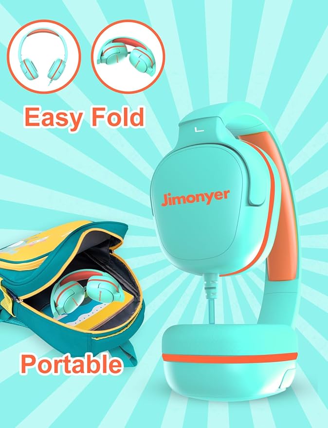 Kids Headphones for School, 3.5mm Jack Wired Headphones for Kids with Safe Volume Limiter, HD Stereo Sound On-Ear Girls Boys Toddler Headphone for Tablet, iPad, Kindle(Green)