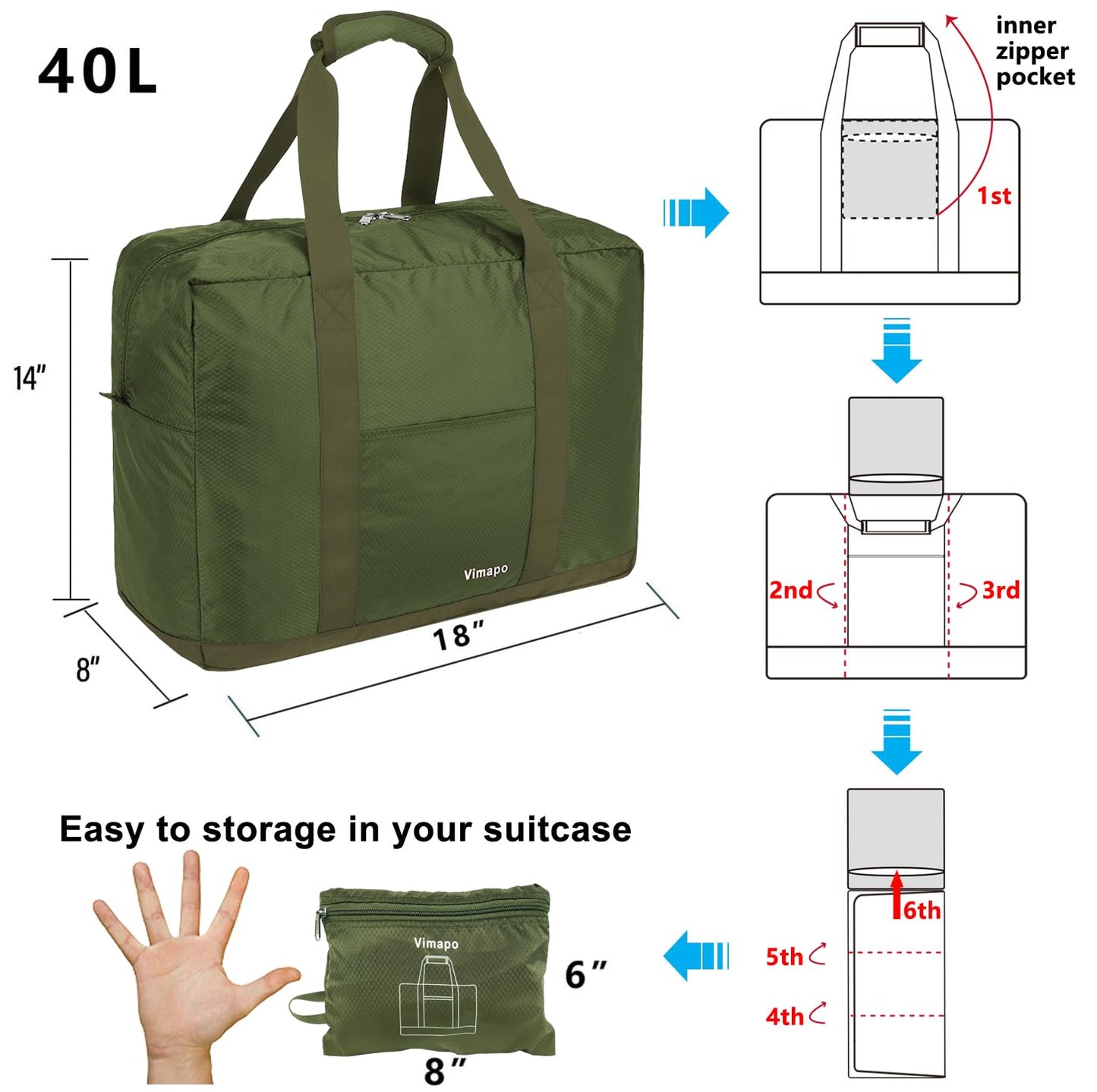 Vimapo Foldable Travel Duffle Bag with Trolley Sleeve 40L - 18x14x8 inches Airline Underseat Lightweight Travel Bag - Packable Ripstop Nylon Carry on Bag (Army Green)