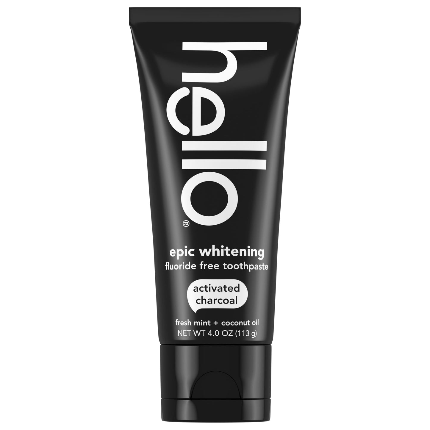 hello Epic Whitening Charcoal Fluoride Free Toothpaste, Activated Charcoal Toothpaste with Coconut Oil, Whitens Teeth Naturally, SLS Free, Fresh Mint, 4.0 Oz Tube