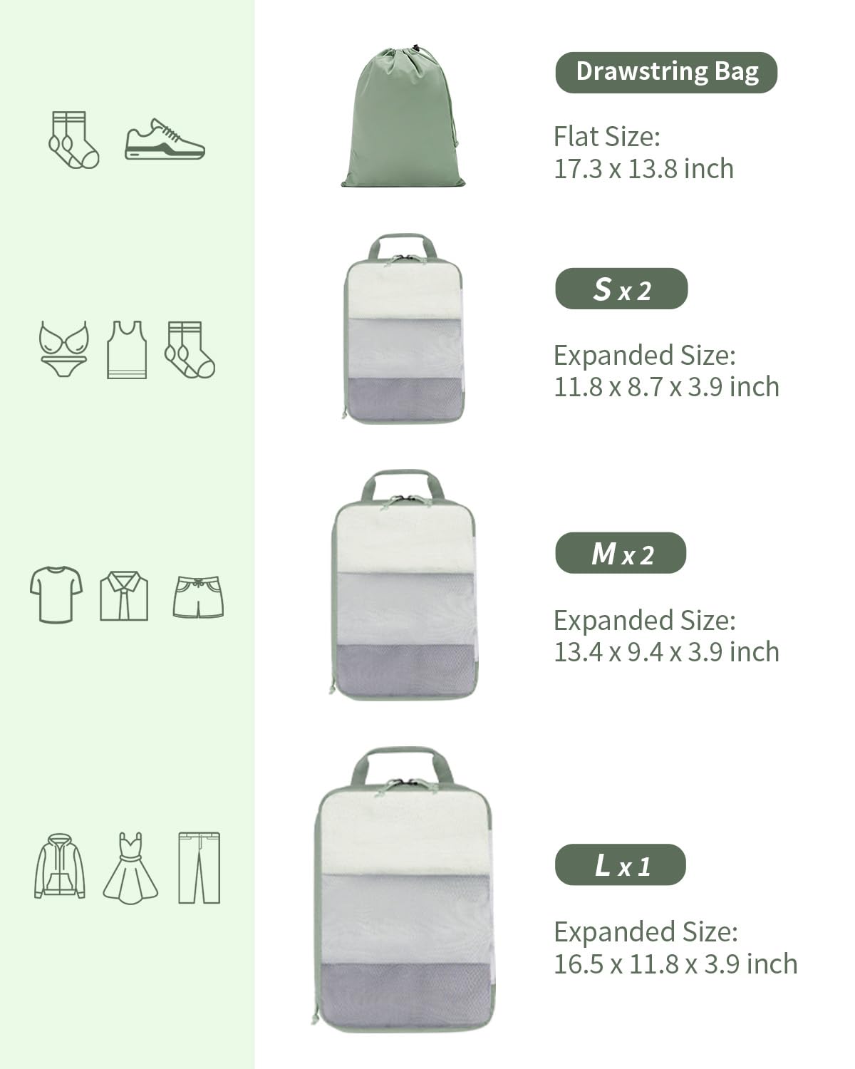 ECOHUB 6 Set Compression Packing Cubes, Lightweight Vacation Travel Essentials, Durable Travel Accessories for Suitcase Carry On Luggage Organizer Bags Set with YKK Zippers Shoe Bag, Green