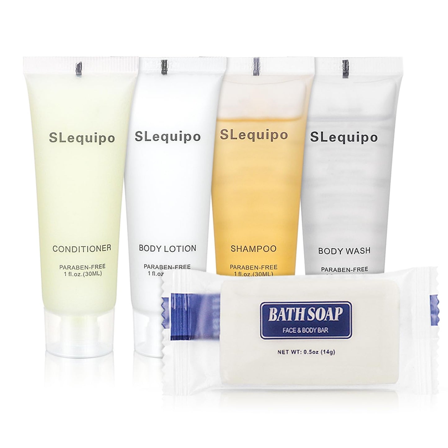 SLequipo 5-IN-1 Hotel Soaps and Toiletries Bulk Set, Hotel Toiletries (100Pcs) 5-Piece Set: 20 Bar Soap 0.5oz, 20 Shampoo, 20 Body Wash, 20 Body Lotion, 20 Conditioner - Mini Guest Toiletries Bulk
