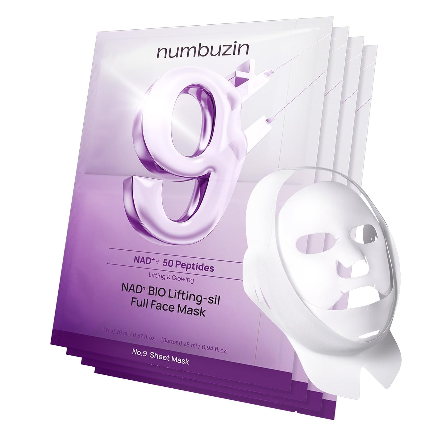 numbuzin No.9 Sheet Mask | NAD+ BIO Lifting-sil Full Face Mask | Improves Jawline, Jowls, Wrinkles, Neck Lines | Peptides, NAD+, Collagen | Skin Firmness | 4 Sheets + Lifting Band