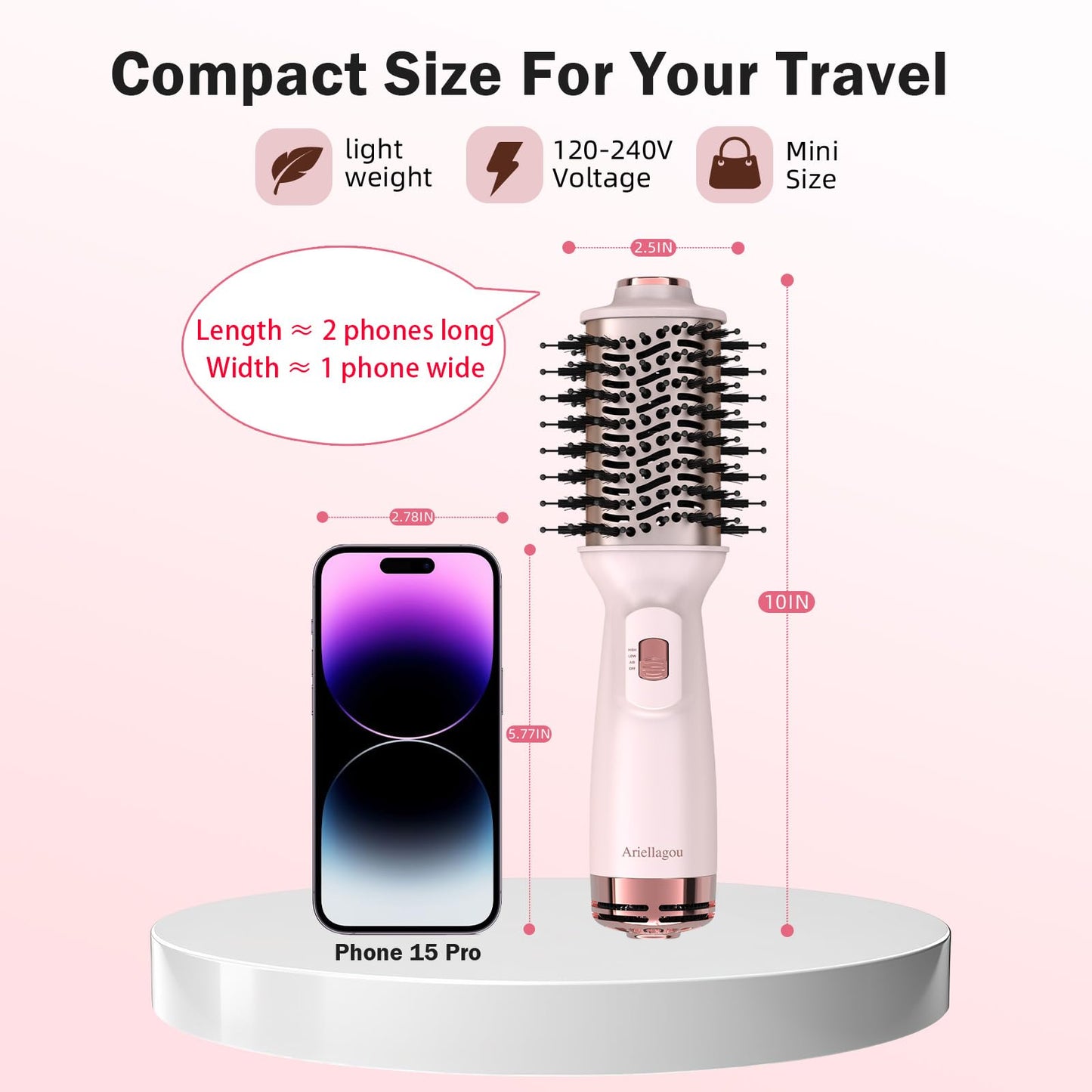 Ariellagou Dual Voltage Travel Hair Dryer Brush Mini Hot Air Brush with European Plug One Step Blow Dryer and Styler Volumizer for Home and Salon Use
