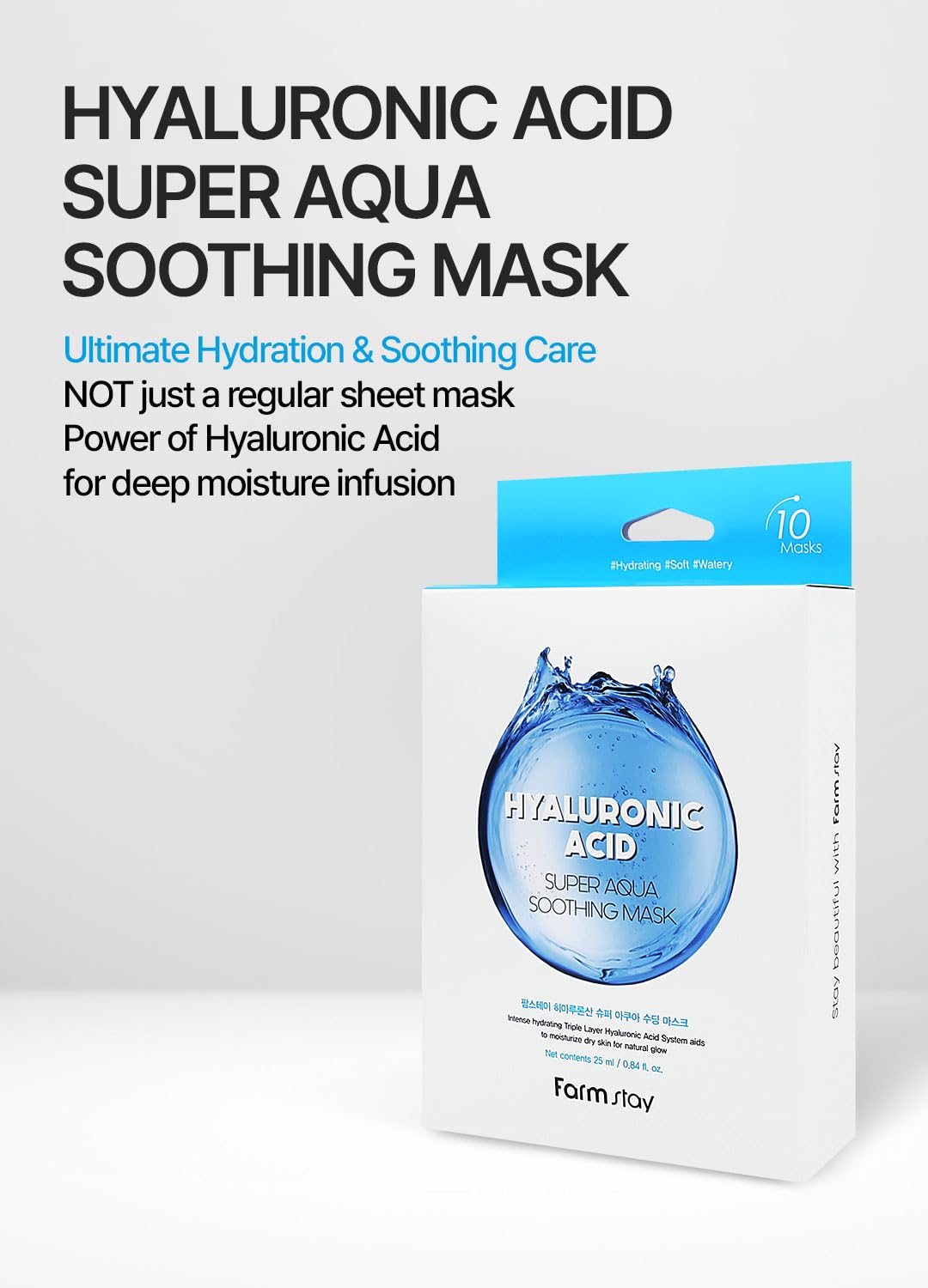 FARMSTAY Hyaluronic Acid Super Aqua Soothing Mask - Deep Hydration & Skin Calming Sheet Mask with Hyaluronic Acid - Moisturizing Care for All Skin Types, 0.84 fl.oz*10 Sheets