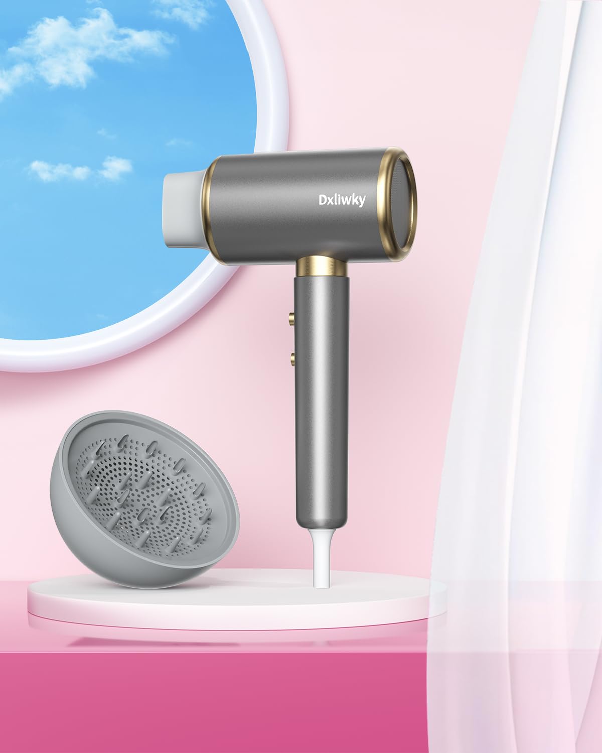 Dxliwky Ionic Hair Dryer with Diffuser and Concentrator, Powerful 1875W Fast-Drying Blow Dryer, Constant Temperature, Compact Lightweight Hair Dryer for Home Salon Travel (Silvery)