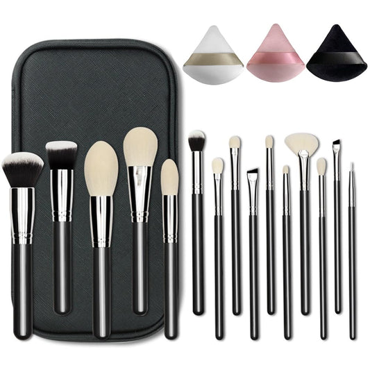Professional Natural Travel Goat Hair Makeup Brushes with case, 15Pcs Kabuki Face Powder & Eye Makeup Brush set With Ultra Soft Premium Dense Hair, Valentines Day Gifts