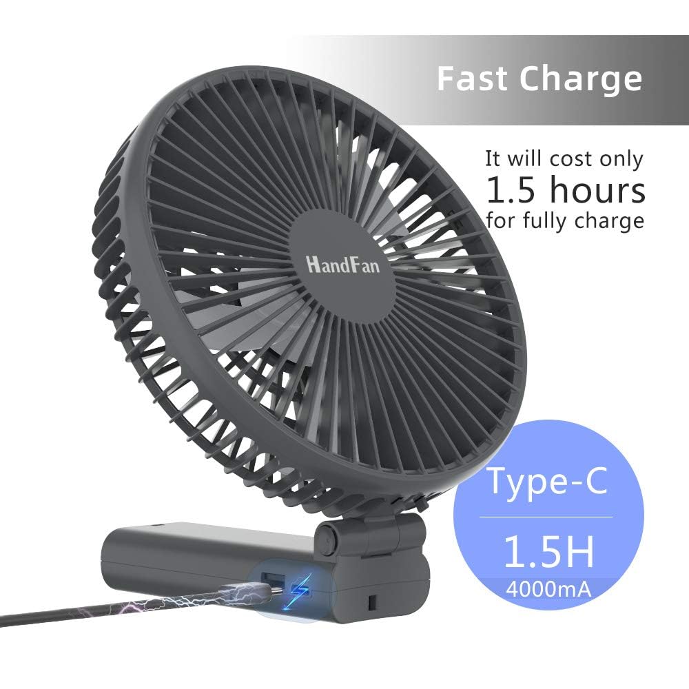 HandFan 6 Inch Handheld Fan with 4000mAh Battery 6 Speed Personal Fan, Strong Airflow, Cooling Desk Removable Base Design, 5-34H Working Time, 180° Foldable for Travel Outdoor Office Household(grey)