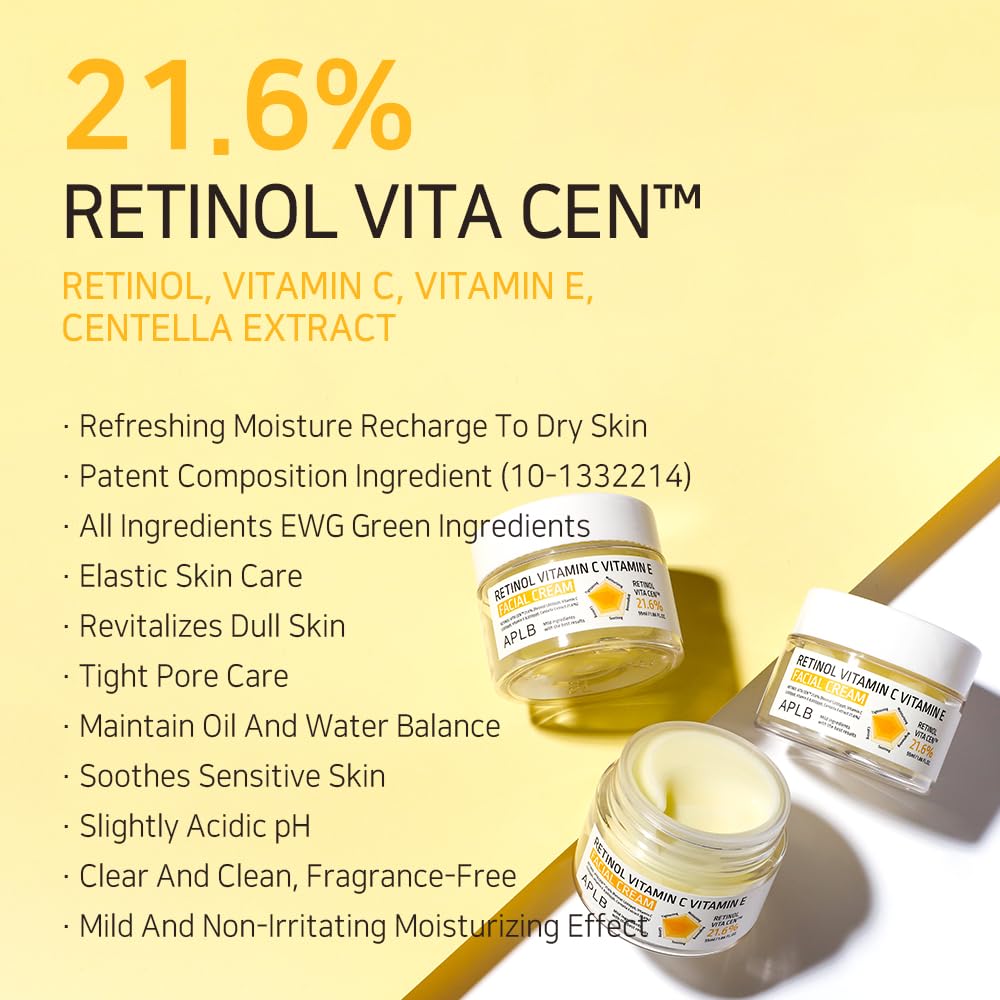 APLB Retinol Vitamin C Vitamin E Facial Cream | RETINOL VITA CEN™ 21.6% 1.86 FL.OZ/Korean Skincare, Deep hydration, Retinol, Revitalize for gentle and improve skin texture