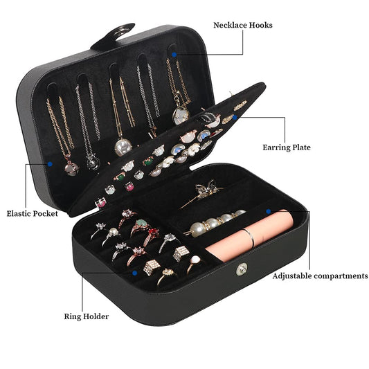 Travel Jewelry Box, Small Jewelry Organizer Boxes for Women Girls, 2 Layer Travel Jewlery Case, PU Leather Mini Portable Jewerly Storage Display Holder for Earrings, Ring, Necklaces, Bracelets - Black