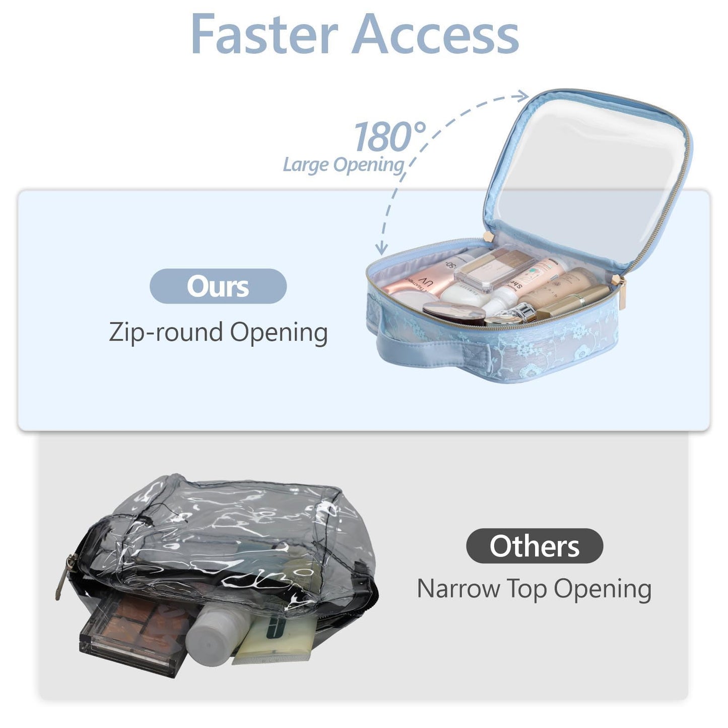 PACKISM TSA Approved Toiletry Bag - Floral Texture Lace Clear Makeup Bags, Ease of Clamshell Closing, Handles and Double Zippers, 0.5 mm Thicker Clear Toiletry Bags, Good for Travel, Blue