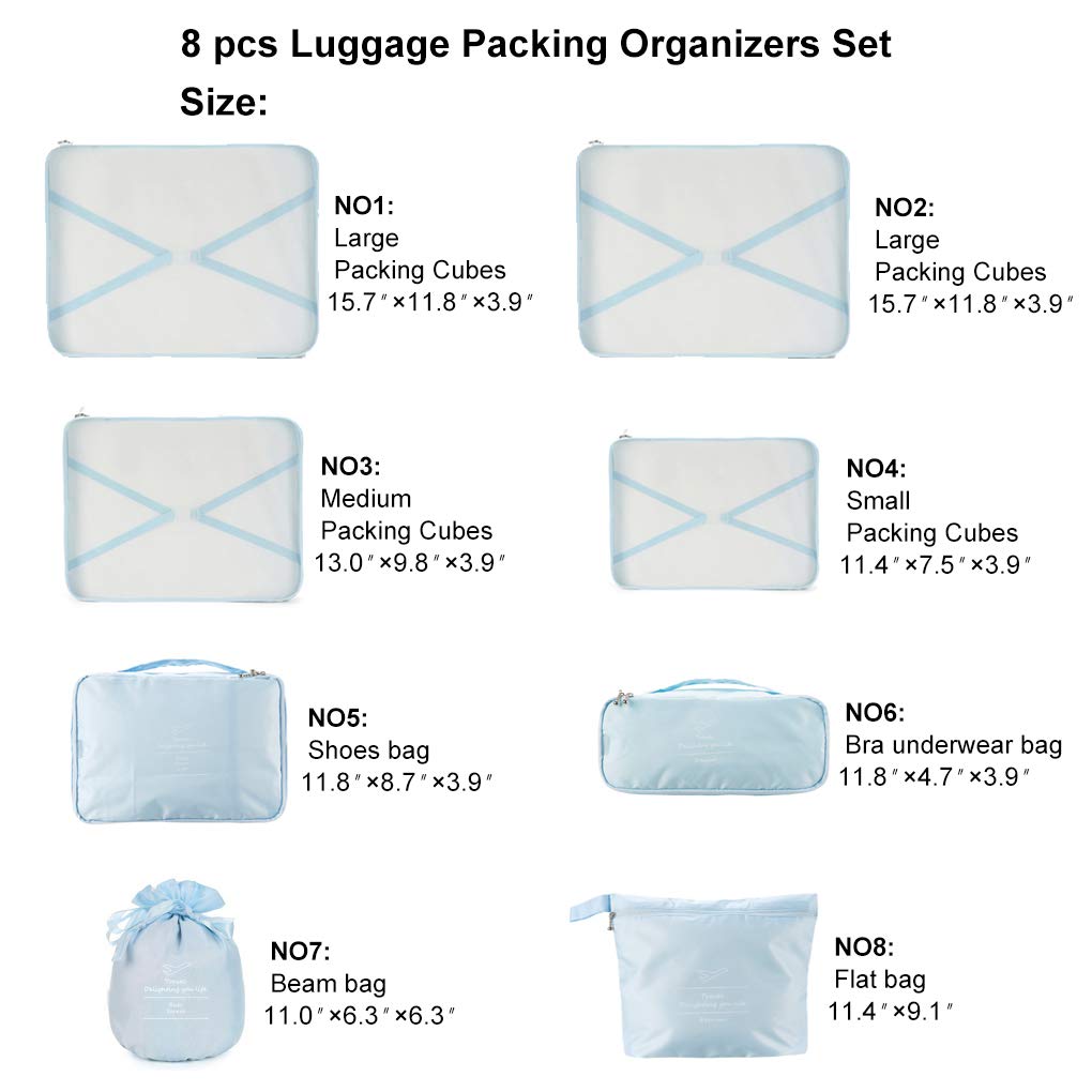 Travel Packing Cubes 8 Pcs Set, Luggage Packing Organizers with Shoe Bag and Toiletry Bag(Light Blue)