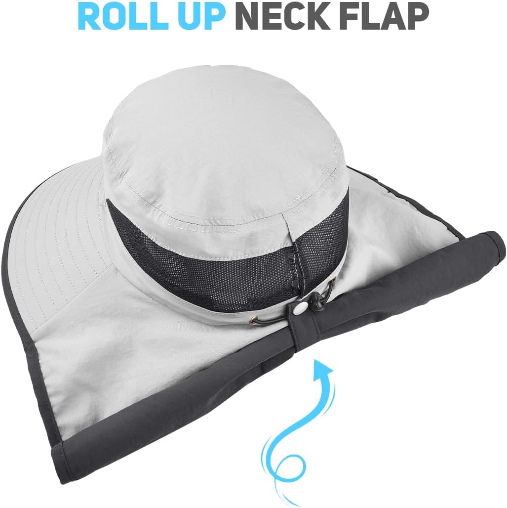 2 Pack Womens Outdoor Wide Brim Sun Hat with Neck Face Flap,UPF 50 Protection Fishing Hiking Garden Work Hats with Ponytail (US, Alpha, One Size, Light Grey & Khaki)