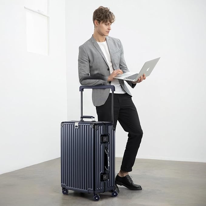 Aluminium Frame Checked-Luggage with Smooth Jelly Wheels, Hardside Zipperless Rolling Suitcase with TSA Lock (Blue, 28-Inch)