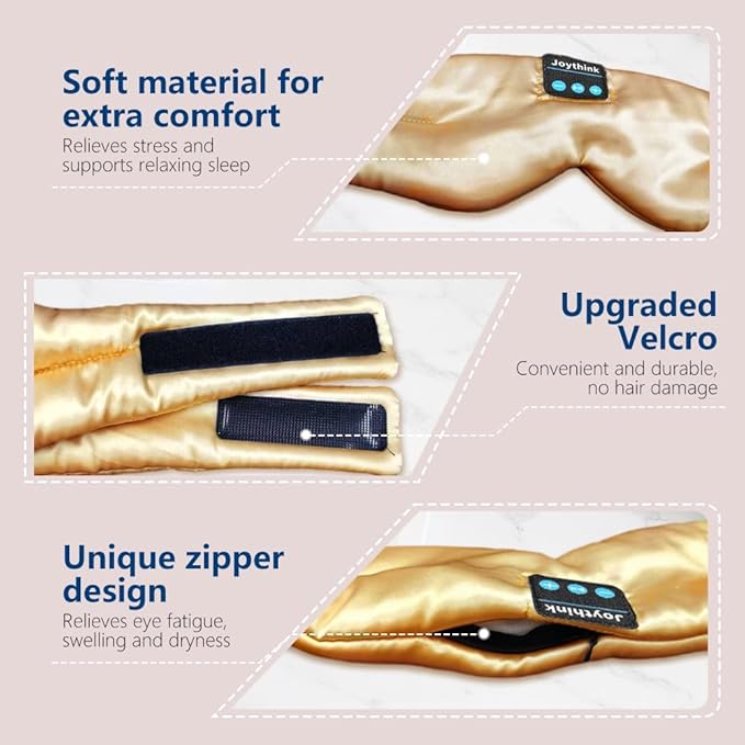 Joythink Sleep Headphones Bluetooth Sleep Mask Silk Headband Earphones Bluetooth Eye Mask for Sleeping On Side Blackout Soft Sleep Earphones Kids Children Music Eye Cover Champagne Gold