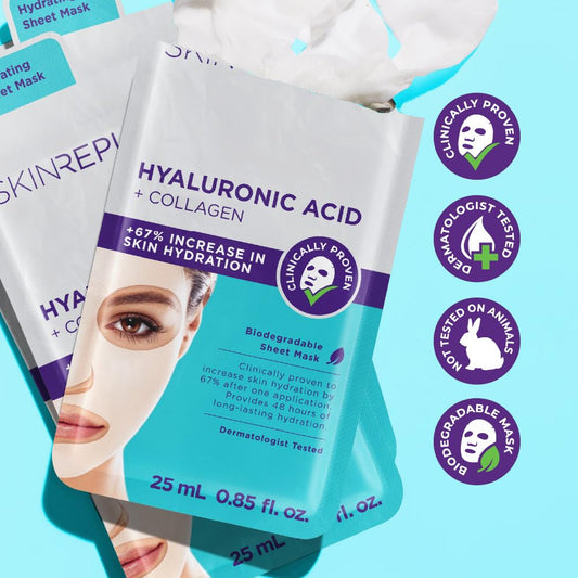 Skin Republic Hyaluronic Acid + Collagen Sheet Mask. Clinically Proven to Provide 48-Hours of Long-Lasting Hydration. Made in Korea. 3 Pack.
