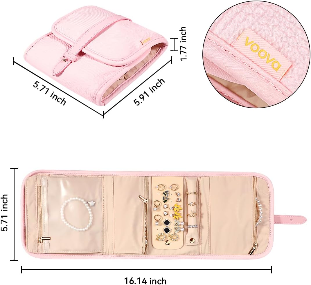 Voova Travel Jewelry Holder Organizer Case, Small Jewelry Storage Bag for Women Girls, Foldable Traveling Jewellery Pouch Roll for Necklaces Rings Earrings Bracelets, Mini, Light Pink