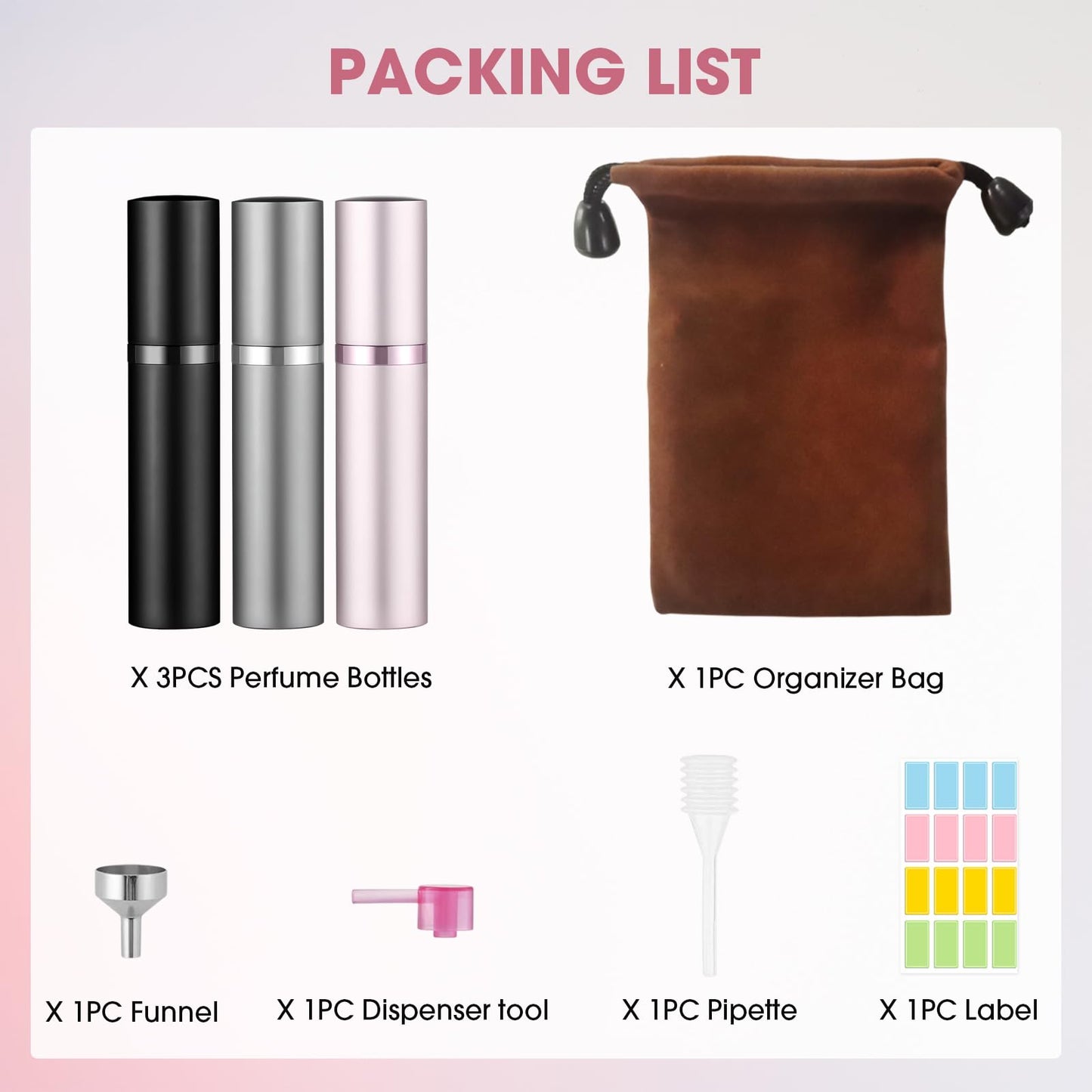 Squway 3PCS Perfume Travel Refillable Bottle, 5ml Cologne Travel Bottle, Atomizer Sprayer for Perfume, Mini Cologne Dispenser Empty Fragrance Spray for Women, Men, Gift (Black & Grey & Pink)