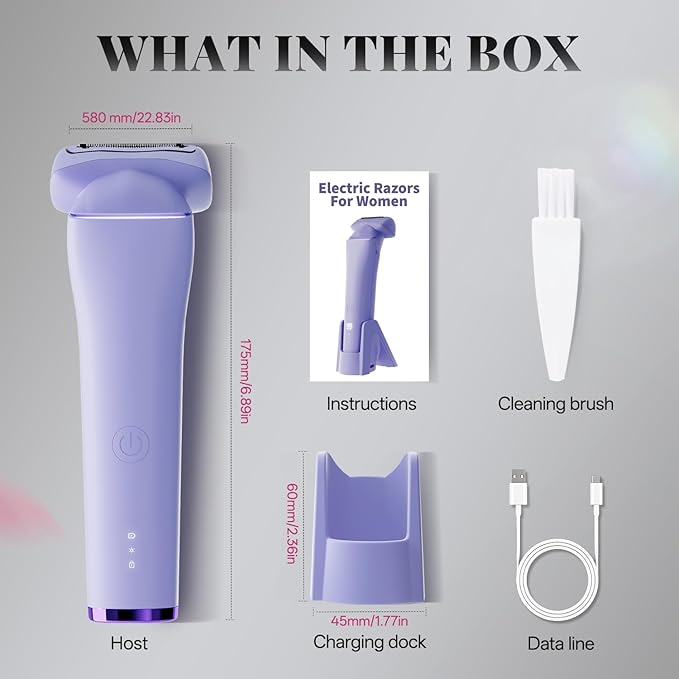 krofaue Women Electric Shaver - Cordless Waterproof Body Foil Shavers, Dry & Wet Electric Razors for Women with LED Display USB Charge Dock Purple