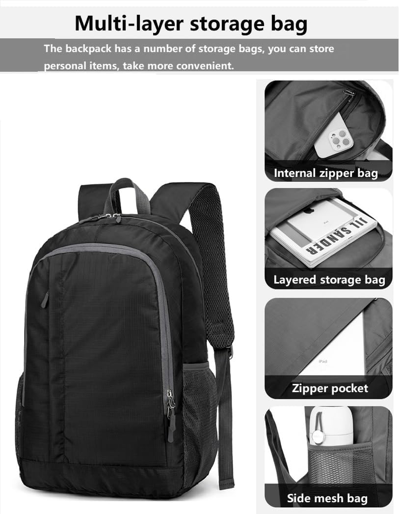 Gagashoo Ultra Lightweight-Packable-Hiking-Backpack Small Foldable Travel Camping Daypack Casual Outdoor Water-resistant 25L Backpacks (Black)