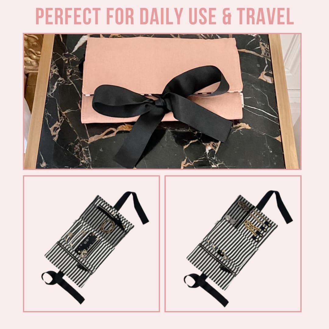 Bag-all Travel Jewelry Roll | Flat Roll Up Jewelry Organizer Case | Compact Traveling Necklace Organizer | Traveling Pouch for Jewellery | Pink/Blush